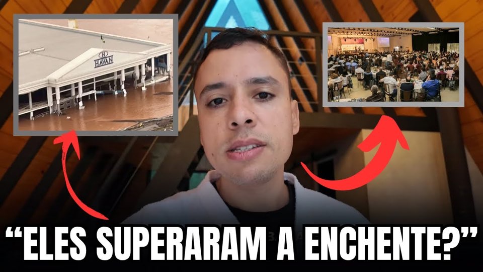 Homem falando para a câmera entre duas fotos de um salão de eventos, capa do vídeo sobre Lajeado do canal de Danilo Azambuja
